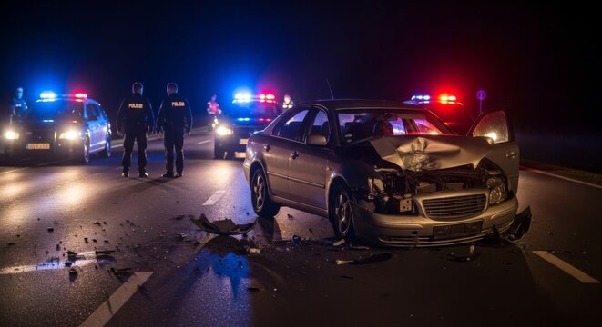 A wrecked car on a road at night with police attending a car accident scene for emergency response and insurance concept.