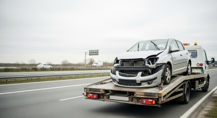 A damaged silver car on a tow truck on the side of a highway. Automobile accident and broken vehicle towing concept.