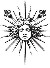 vector Sunburst a face with intricate detail and rays extending outward clip art
