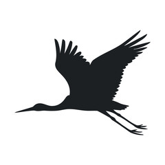 Silhouette of a Crane in Flight Against a White Background Simple black silhouette crane flight crane bird silhouette flying wildlife nature animal avian