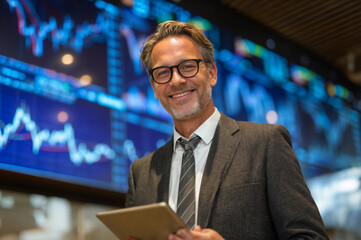 Successful businessman against the background of screens with stock exchange trading. Business, economy and investment concept. Lifestyle portrait for poster, commercial, design