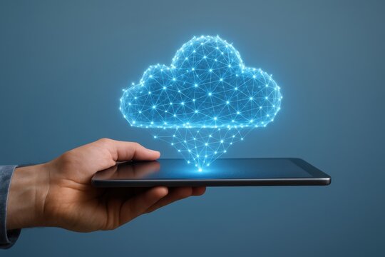 Cloud Technology in Hand: A person's hand cradles a digital tablet, upon which a holographic cloud representation hovers. The scene exudes an atmosphere of innovation, interconnectivity. - Powered by Adobe