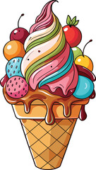 Colorful ice cream cone with fruits swirl cherry vector icon