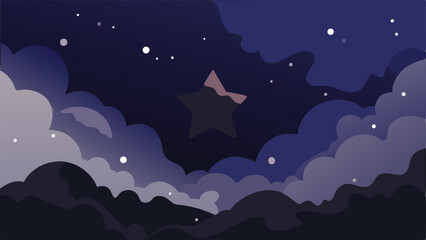 Vector illustration of a stylized night sky with clouds and a central star design