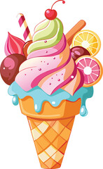 Swirled ice cream cone with fruit and candy soft serve vector icon
