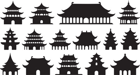 Obraz premium Silhouette of Traditional Pagoda Buildings Vector Illustration