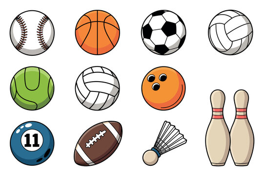 Collection of Cartoon Sport Balls and Equipment Colorful cartoon illustrations various sports equipment sports balls baseball basketball soccer volleyball tennis ball bowling ball