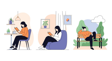 Digital Leisure Time Activities People Enjoying Personal Pursuits in Various Relaxing Settings