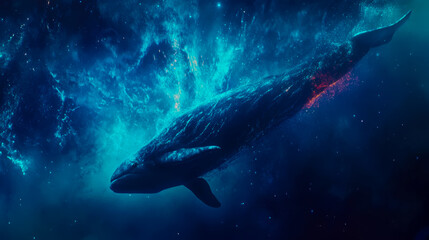 Fototapeta premium Concept: Cosmic whale in the deep ocean, swimming through a galaxy of stars