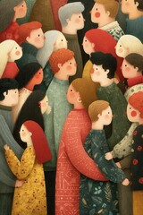 Crowd of diverse individuals in vibrant artistic depiction