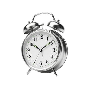 Classic silver alarm clock with bells and white face displaying time