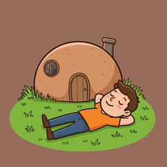Cartoon character lying on grass in front of a cozy dome-shaped house with a chimney, set in a peaceful green landscape.