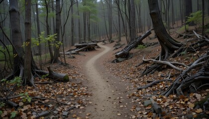  A realistic scene of a dirt hiking trail winding through a quiet forest, covered with dry leaves and lined with wild bushes and old tree trunks -