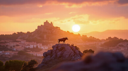 Silhouette of a Bull on a Rocky Peak during a Golden Sunset