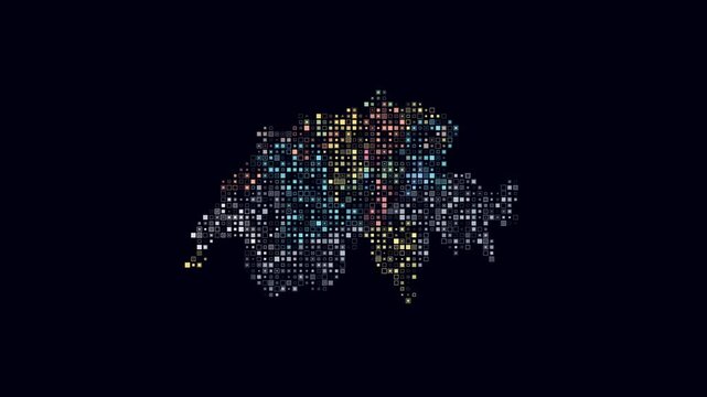 Switzerland dotted animation. Shape of the country build of pulsating colored dots. Small size square blocks. Digital style map on dark background. Modern video.