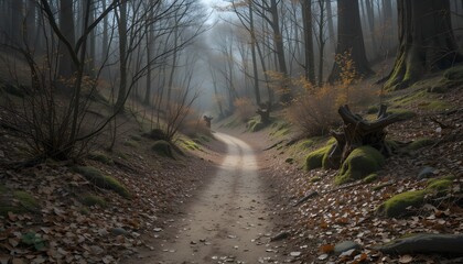  A realistic scene of a dirt hiking trail winding through a quiet forest, covered with dry leaves and lined with wild bushes and old tree trunks -