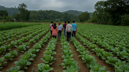 A daytime photograph of a rural agricultural field with rows of green leafy vegetables growing in neat parallel lines