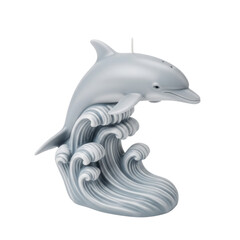 Gray dolphin figurine leaping over stylized ocean waves in ceramic design