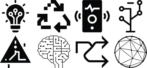 A set of black technology icons including a lightbulb, brain, and recycle symbol isolated on transparent background.