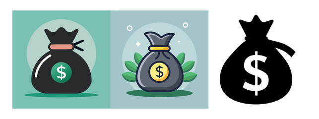 Minimal Black Silhouette Money Bag and Coin Icon with Dollar Symbol Vector Style Design