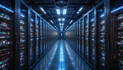 Inside a futuristic data center, a long aisle of server racks glows with vibrant neon blue and teal lighting.