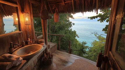 Rustic tropical bathroom with bathtub overlooking the ocean