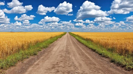 Obraz premium A dirt road stretches through a vast golden wheat field under a bright blue sky with fluffy white clouds