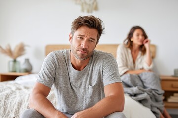 Young man sits on bed with worried expression while a woman sits nearby, potency problems
