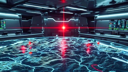 Holographic digital map revealing terrain details, glowing red markers highlighting strategic target positions inside high tech, minimalist military command center - Powered by Adobe