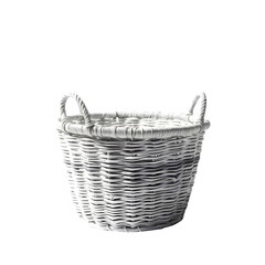Obraz premium Natural woven rattan storage basket with handles on transparent background PNG, photorealistic texture, high detail, front angle view, isolated home storage item