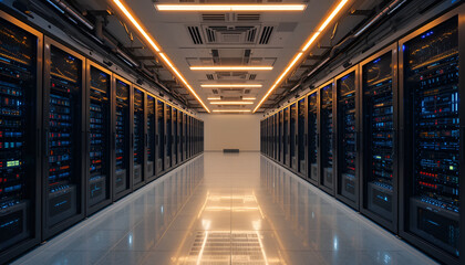 Obraz premium Rows of server racks illuminate a modern data center, reflecting off the floor and emphasizing the scale of computing infrastructure.