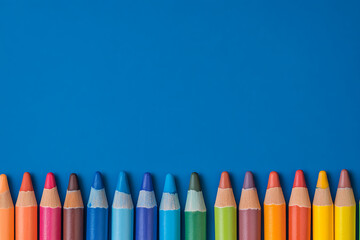 Vibrant colored pencils aligned on blue backdrop, ideal for creative projects, school, or art. Inspiring creativity and back to school vibes!