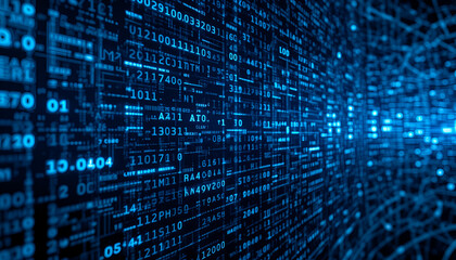 Glowing digital data stream shows cybersecurity and modern technology in a tech abstract matrix background with a bright futuristic concept.
