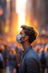 Fototapeta premium Beautiful man wearing a protective mask in a bustling city at sunset