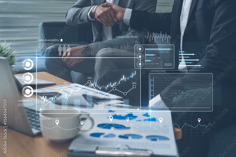 Poster high-tech data visualization dashboard for analytics and performance tracking, including data visual