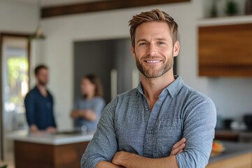 Realtor wearing a suit smiles confidently in stylish living room