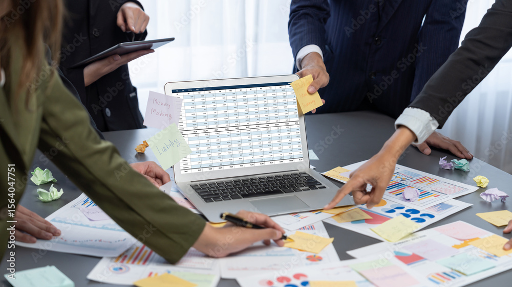 Poster analyst team use sticky note for creative and analytic brainstorm for business idea with bi data das