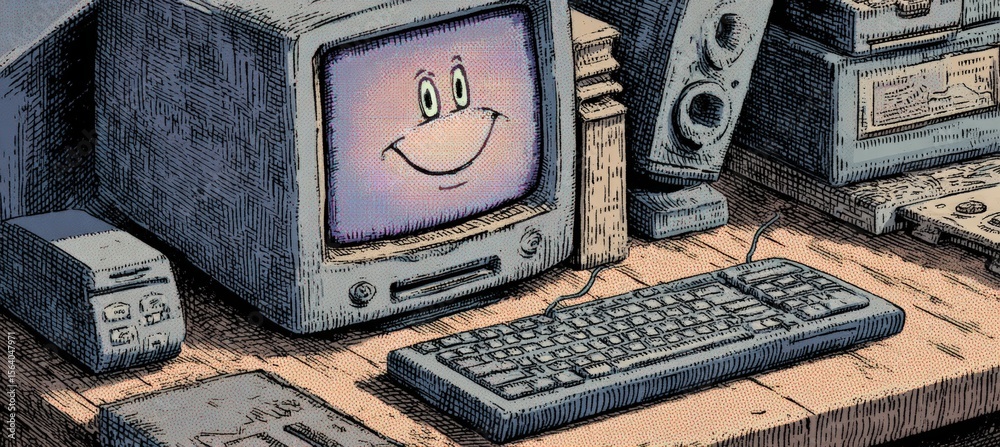 Fototapete 1990s cartoon computer setup with smiling crt monitor and keyboard