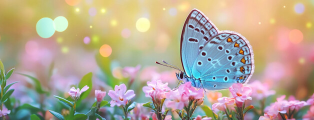 A butterfly resting on pink flowers in a dreamy and colorful bokeh background