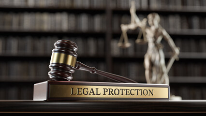 Legal Protection: Judge's Gavel, Themis is the goddess and wooden stand with text word
