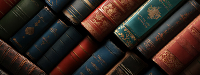 A close up shot of many colorful antique books stacked at diagonal angles
