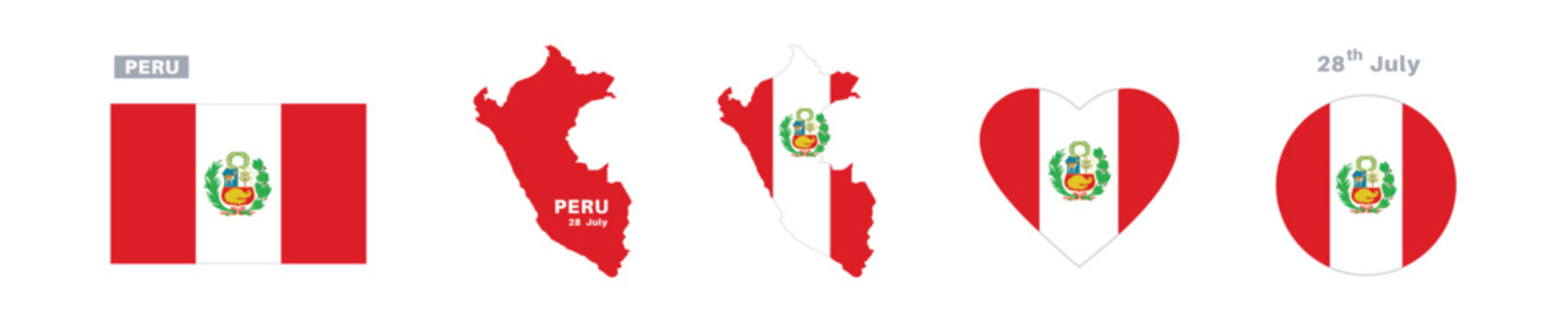peru flag and map set. peru flag in official colors and proportions. independence day 28 july, map, circle and heart shaped peru 
