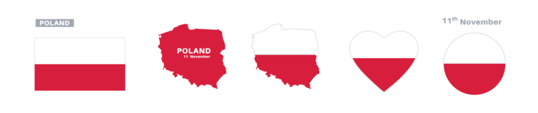 poland flag and map set. poland flag in official colors and proportions. independence day 11 november, map, circle and heart shaped poland 
