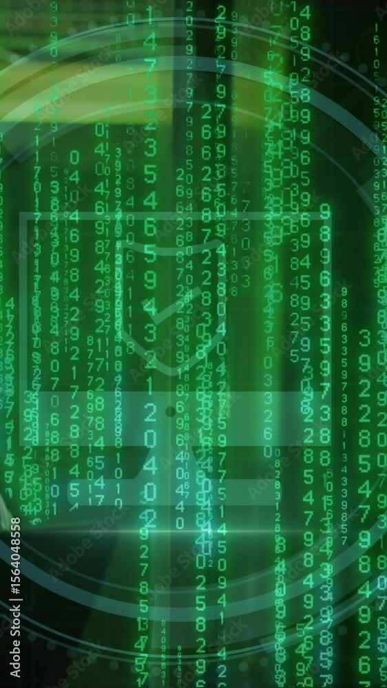 Poster animation of binary coding data processing with asian male it technician by computer servers