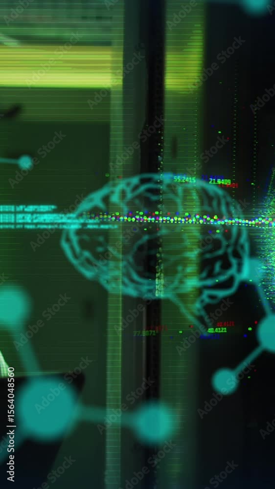 Poster animation of globe and data processing with asian it technician by computer servers