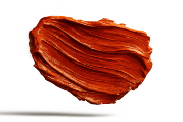 Thick impasto brushstroke of red-orange paint on a transparent background