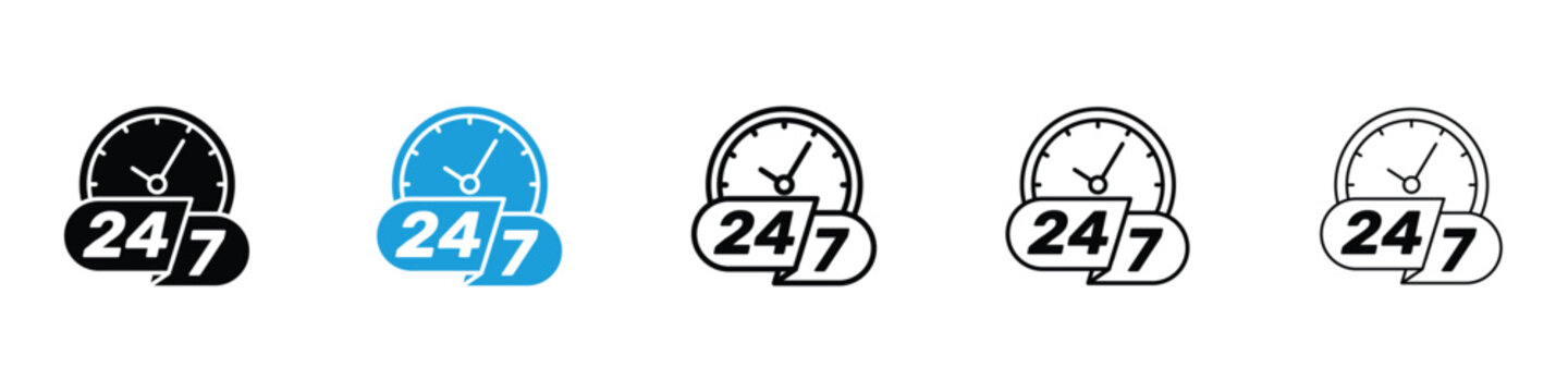 24 7 icon in Editable stroke and solid flat vector pack