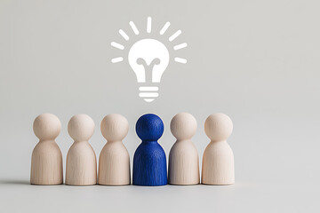 Creative ideas and innovation are represented by wooden figures, with one highlighted under a lightbulb icon, symbolizing uniqueness and problem-solving.