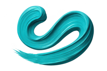 Vibrant teal paint stroke swirl isolated on transparent background, fluid art