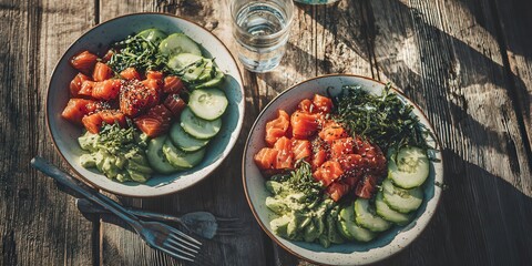 Fresh and Healthy Salmon Poke Bowl with Avocado and Cucumber on Rustic Table